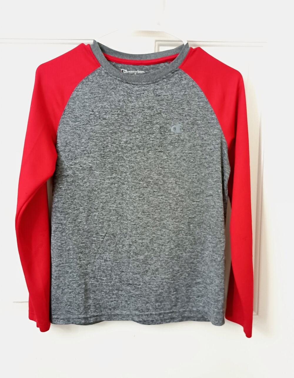 Champion - Boys Gray Heather & Red Raglan Long Sleeve Athletic Tee - Sz YL